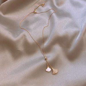 2/$30 Flamenco Double Fan Dangle Necklace Gold and White